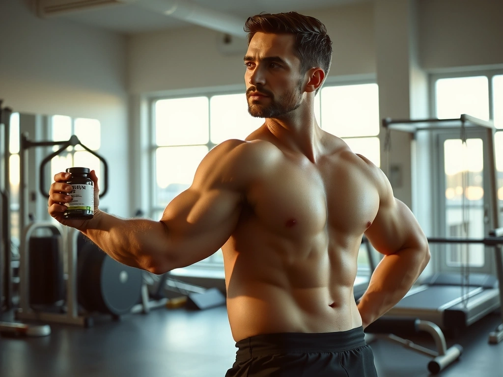 Man in gym using supplements with vibrant energy