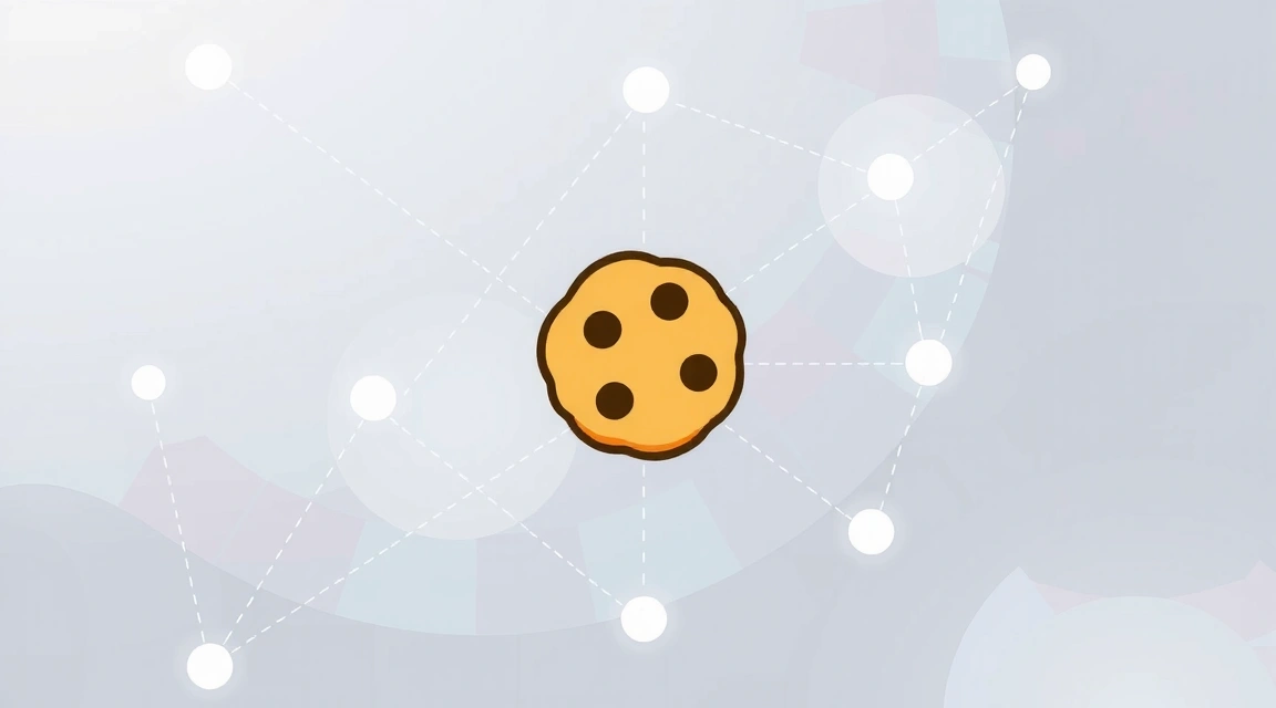 Illustration of a cookie icon with various digital connections representing data flow