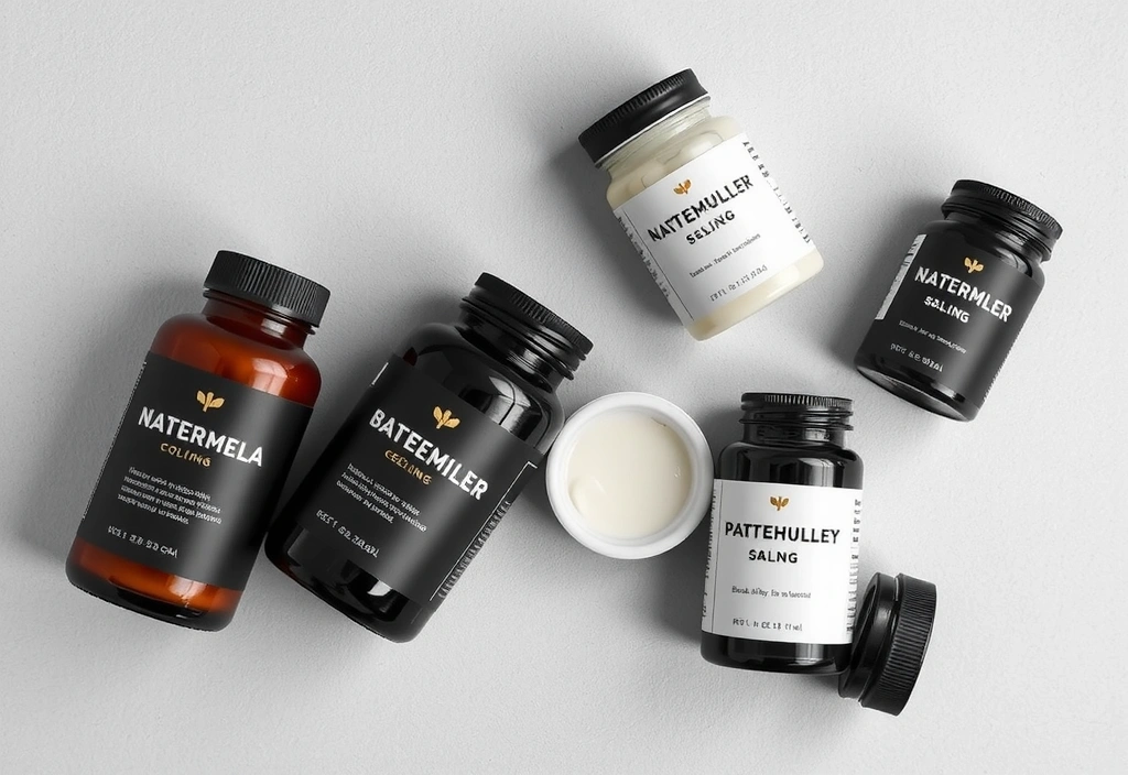 High-quality, professional photo of natural men's supplements in elegant packaging.