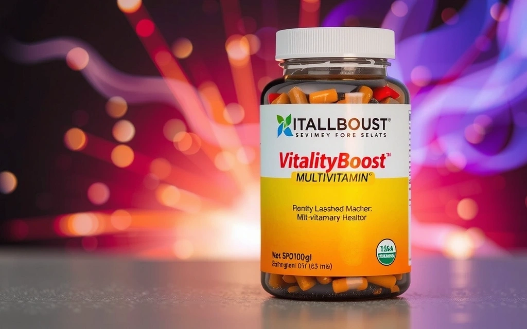Multivitamin bottle with a vibrant, energetic background
